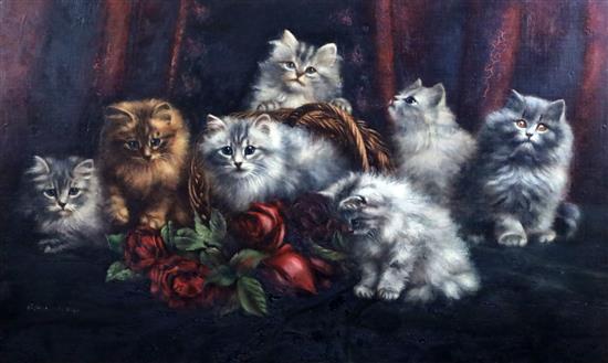 Agnes Augusta Talboys (1863-1941) Persian kittens beside a basket of roses 16.75 x 27.75in.